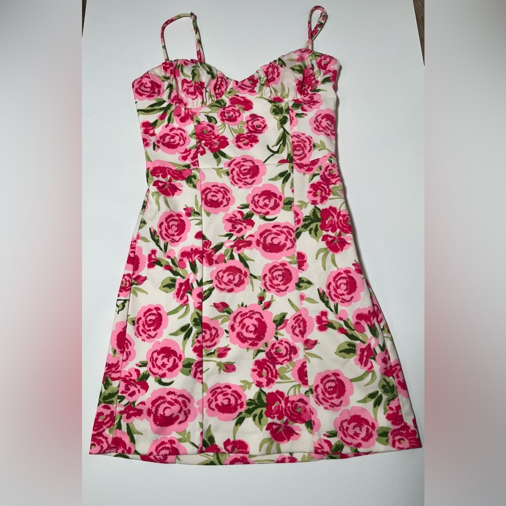 Zara Strapless Floral Pink and Green Dress Size Small - Picture 4 of 16